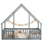 MAYEERTY Letto a Castello a Forma di Casetta in Legno con Recinzione e Sponde, Grigio