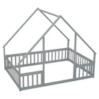 MAYEERTY Letto a Castello a Forma di Casetta in Legno con Recinzione e Sponde, Grigio