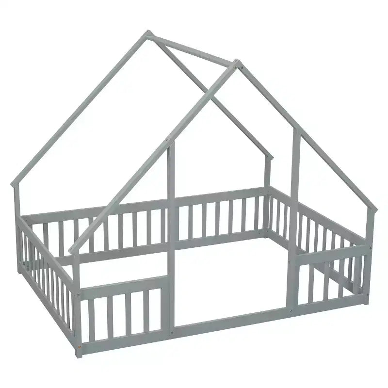 MAYEERTY Letto a Castello a Forma di Casetta in Legno con Recinzione e Sponde, Grigio