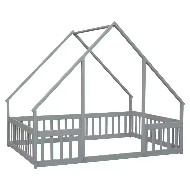 MAYEERTY Letto a Castello a Forma di Casetta in Legno con Recinzione e Sponde, Grigio