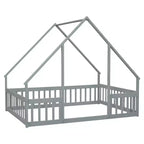 MAYEERTY Letto a Castello a Forma di Casetta in Legno con Recinzione e Sponde, Grigio