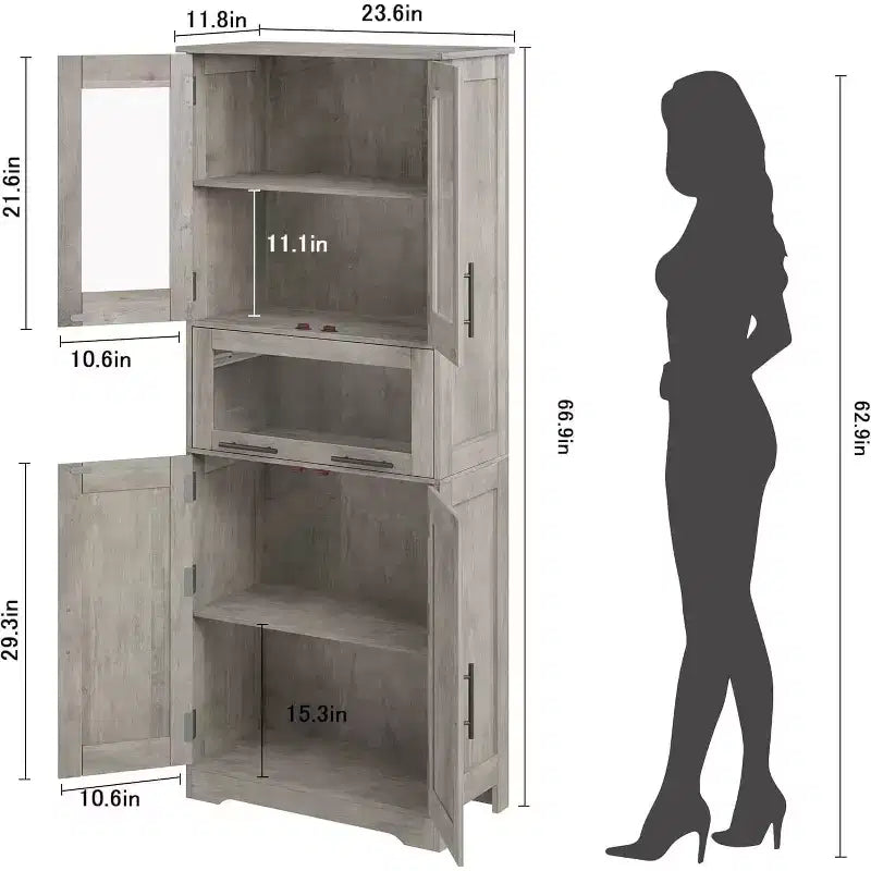 Mobiletto da Bagno Alto DobleePy, Mobile Contenitore da Cucina Autoportante con Ante e Ripiani Regolabili, 60 x 30 x 170 cm