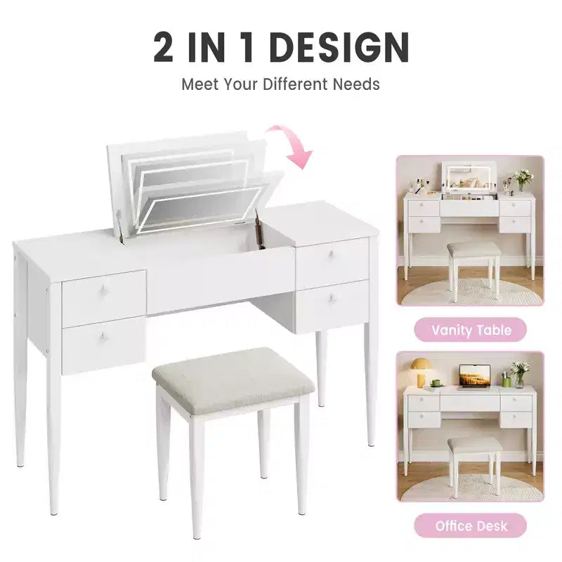 Coiffeuse de maquillage de 119,38 cm avec miroir supérieur rabattable et lumières, 3 modes d'éclairage, coiffeuse avec chaise