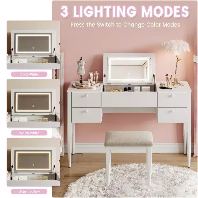 Coiffeuse de maquillage de 119,38 cm avec miroir supérieur rabattable et lumières, 3 modes d'éclairage, coiffeuse avec chaise
