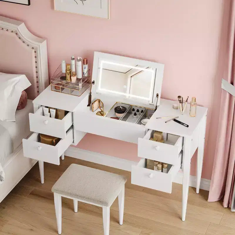 Coiffeuse de maquillage de 119,38 cm avec miroir supérieur rabattable et lumières, 3 modes d'éclairage, coiffeuse avec chaise