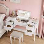 Coiffeuse de maquillage de 119,38 cm avec miroir supérieur rabattable et lumières, 3 modes d'éclairage, coiffeuse avec chaise