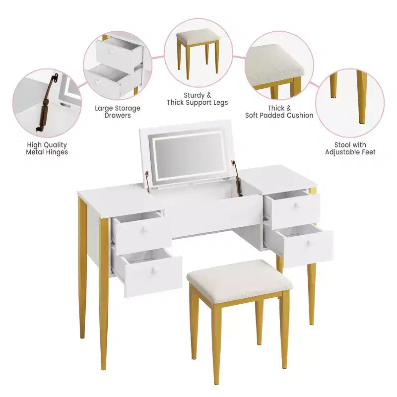 Coiffeuse de maquillage de 119,38 cm avec miroir supérieur rabattable et lumières, 3 modes d'éclairage, coiffeuse avec chaise