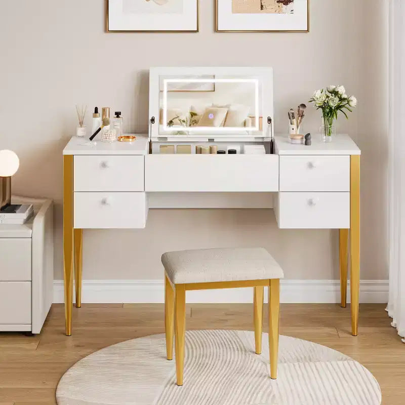 Coiffeuse de maquillage de 119,38 cm avec miroir supérieur rabattable et lumières, 3 modes d'éclairage, coiffeuse avec chaise