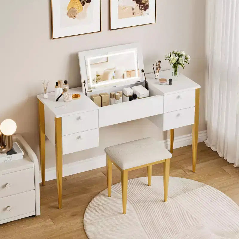 Coiffeuse de maquillage de 119,38 cm avec miroir supérieur rabattable et lumières, 3 modes d'éclairage, coiffeuse avec chaise