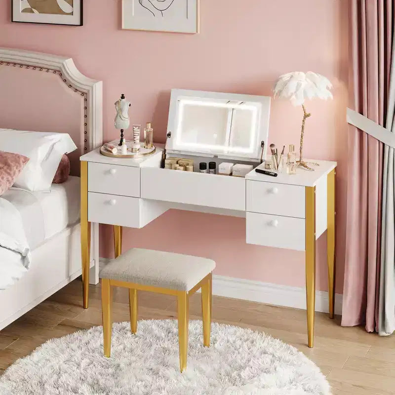 Coiffeuse de maquillage de 119,38 cm avec miroir supérieur rabattable et lumières, 3 modes d'éclairage, coiffeuse avec chaise