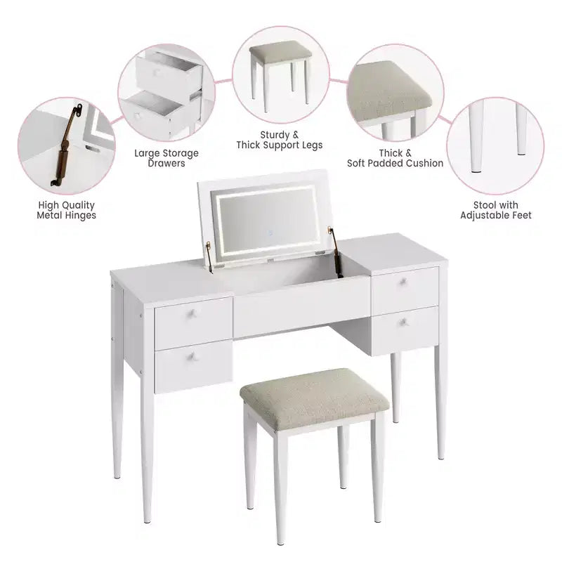 Coiffeuse de maquillage de 119,38 cm avec miroir supérieur rabattable et lumières, 3 modes d'éclairage, coiffeuse avec chaise