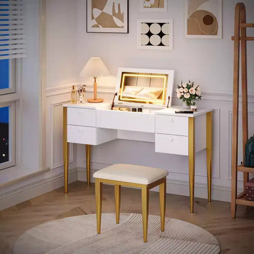 47 Makeup Vanity Desk with Flip Top Mirror and Lights, 3 Lighting Mode, Make Up Vanity with Chair