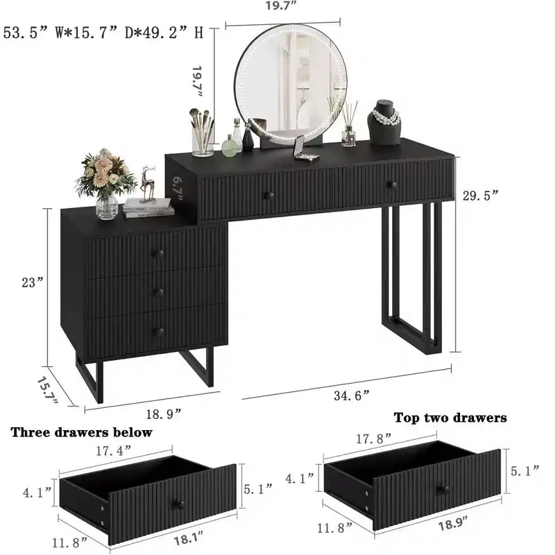 Toeletta con Specchio e Luci, Mobile Trucco con 5 Cassetti, Organizzatore Moderno per Trucchi con 3 Luci Colorate