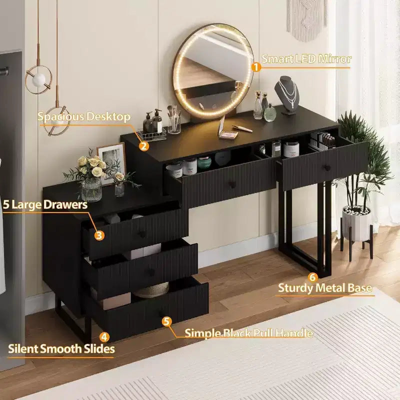 Toeletta con Specchio e Luci, Mobile Trucco con 5 Cassetti, Organizzatore Moderno per Trucchi con 3 Luci Colorate