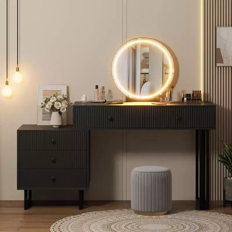 Toeletta con Specchio e Luci, Mobile Trucco con 5 Cassetti, Organizzatore Moderno per Trucchi con 3 Luci Colorate