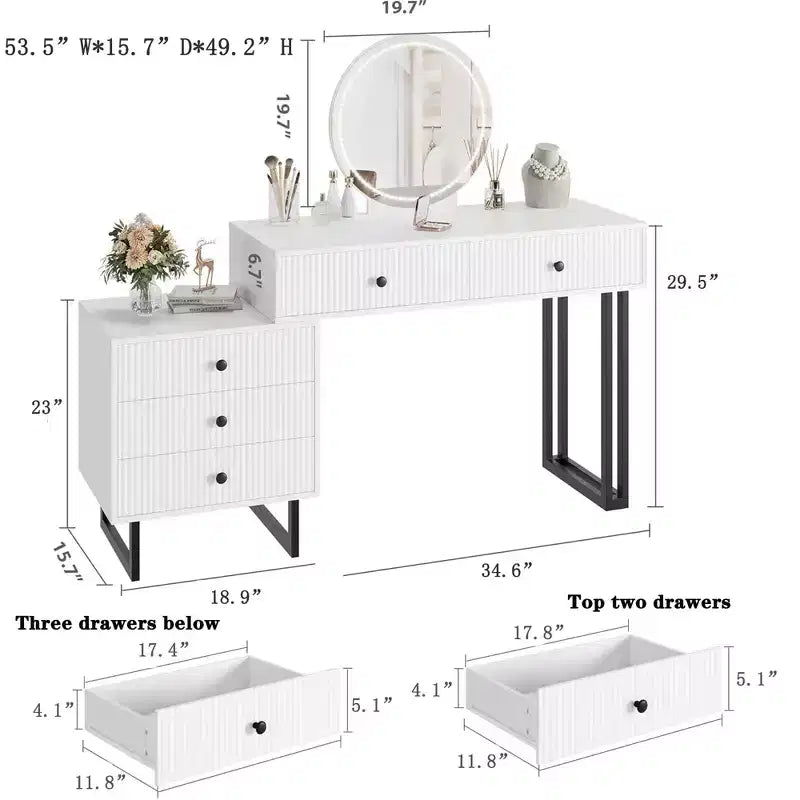 Toeletta con Specchio e Luci, Mobile Trucco con 5 Cassetti, Organizzatore Moderno per Trucchi con 3 Luci Colorate