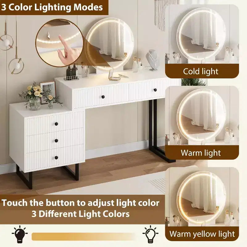 Toeletta con Specchio e Luci, Mobile Trucco con 5 Cassetti, Organizzatore Moderno per Trucchi con 3 Luci Colorate