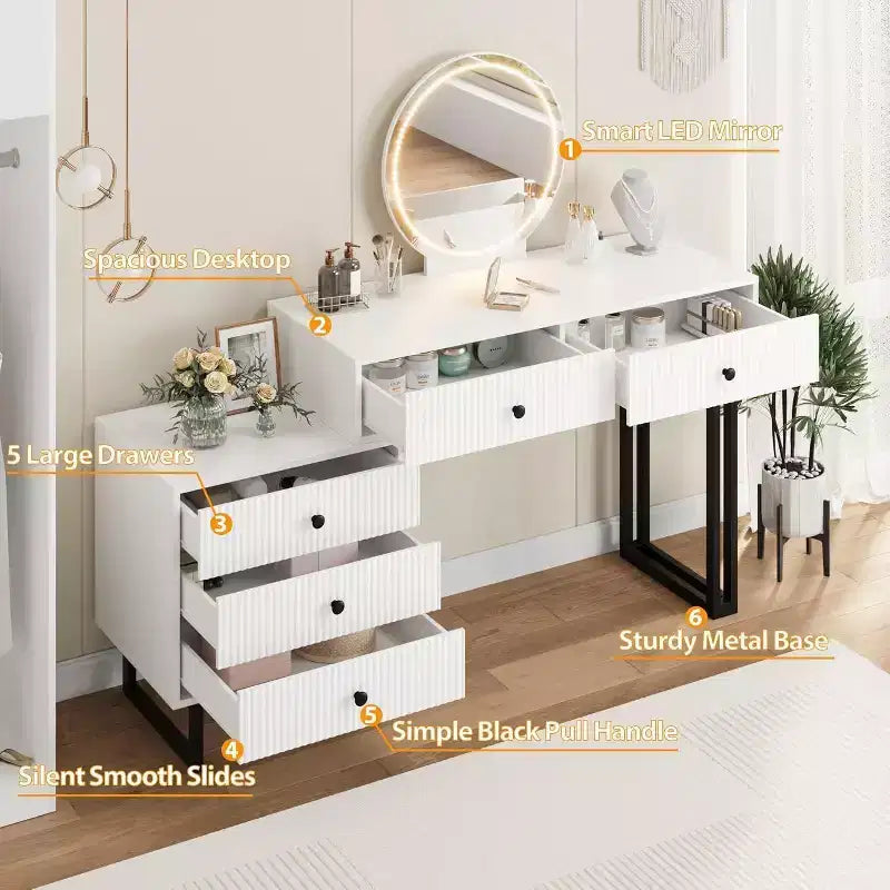 Toeletta con Specchio e Luci, Mobile Trucco con 5 Cassetti, Organizzatore Moderno per Trucchi con 3 Luci Colorate