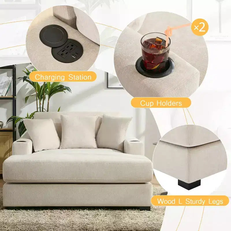 Merax Moderna Chaise Longue in ciniglia con stazione di ricarica, portabicchieri e cuscini lavabili