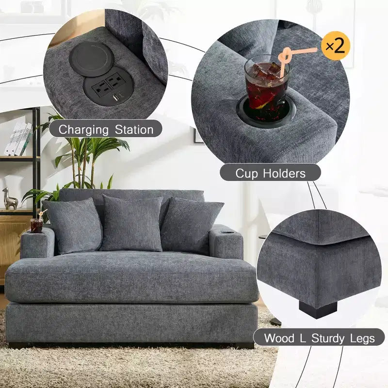 Merax Moderna Chaise Longue in ciniglia con stazione di ricarica, portabicchieri e cuscini lavabili