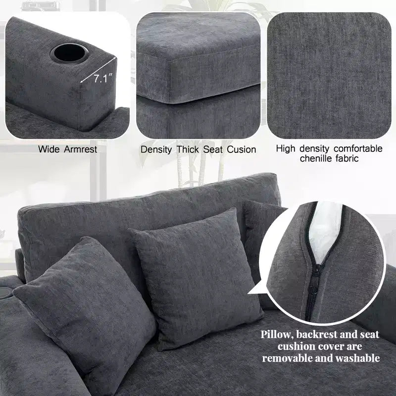 Merax Moderna Chaise Longue in ciniglia con stazione di ricarica, portabicchieri e cuscini lavabili