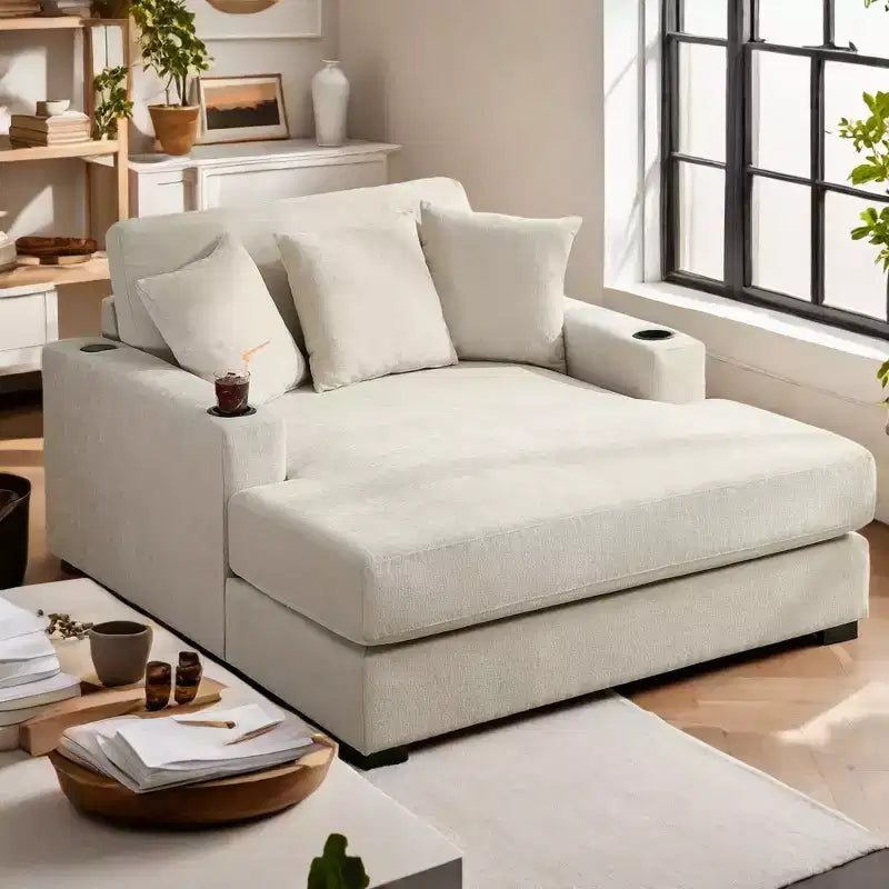 Merax Moderna Chaise Longue in ciniglia con stazione di ricarica, portabicchieri e cuscini lavabili