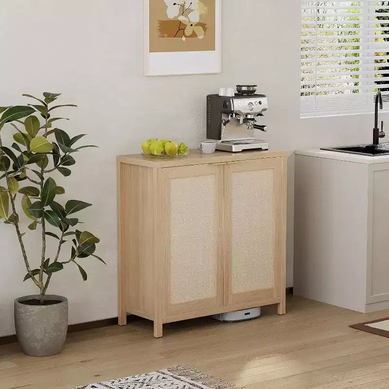 Mobile Contenitore Indipendente in Rattan con Ante e Ripiani Regolabili, Credenza Moderna per Soggiorno, Naturale