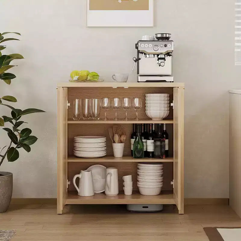 Mobile Contenitore Indipendente in Rattan con Ante e Ripiani Regolabili, Credenza Moderna per Soggiorno, Naturale