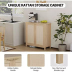 Mobile Contenitore Indipendente in Rattan con Ante e Ripiani Regolabili, Credenza Moderna per Soggiorno, Naturale