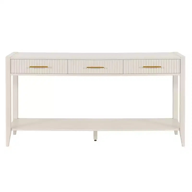 Consolle Verniciata da 60 pollici con 3 Cassetti, Tavolo da Ingresso in Legno con Ripiano Portaoggetti, Tavolo da Divano Rustico per Soggiorno, Beige