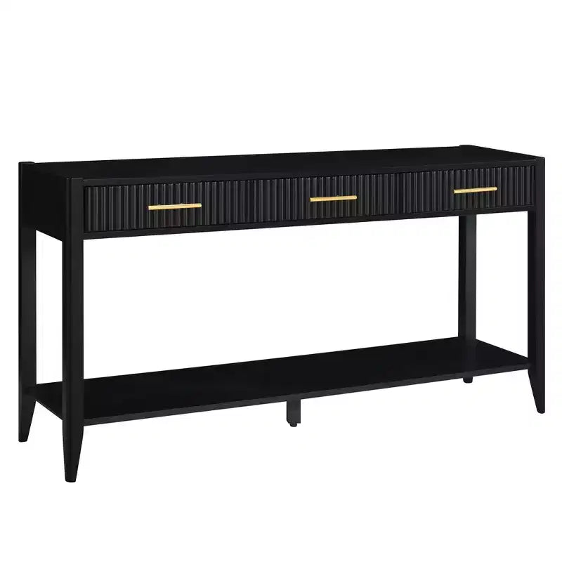 Consolle Verniciata da 60 pollici con 3 Cassetti, Tavolo da Ingresso in Legno con Ripiano Portaoggetti, Tavolo da Divano Rustico per Soggiorno, Beige