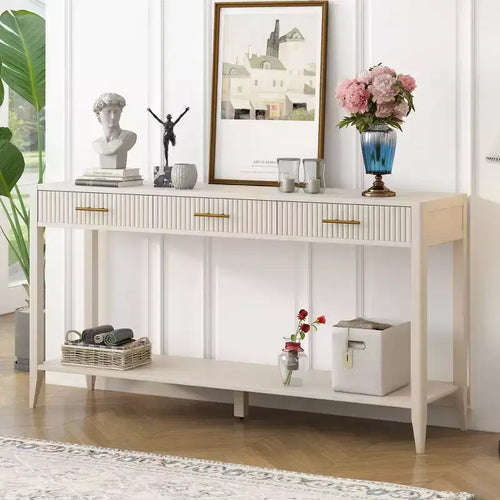 60 Painted Console Table with 3 Drawers Wooden Entryway Table with Storage Shelf Farmhouse Sofa Table for Living Room Beige