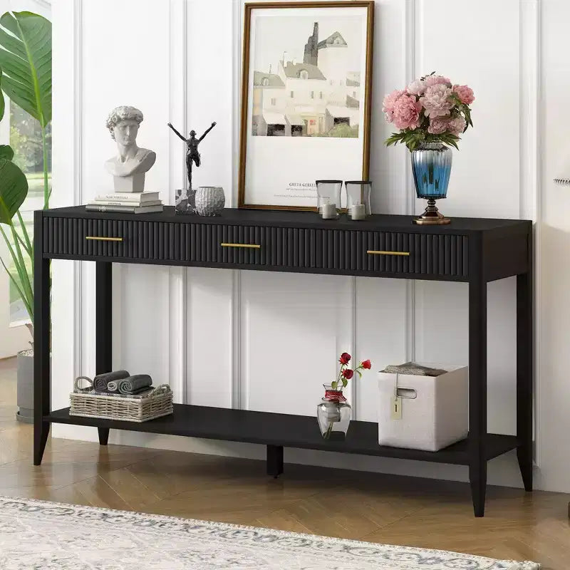 Consolle Verniciata da 60 pollici con 3 Cassetti, Tavolo da Ingresso in Legno con Ripiano Portaoggetti, Tavolo da Divano Rustico per Soggiorno, Beige