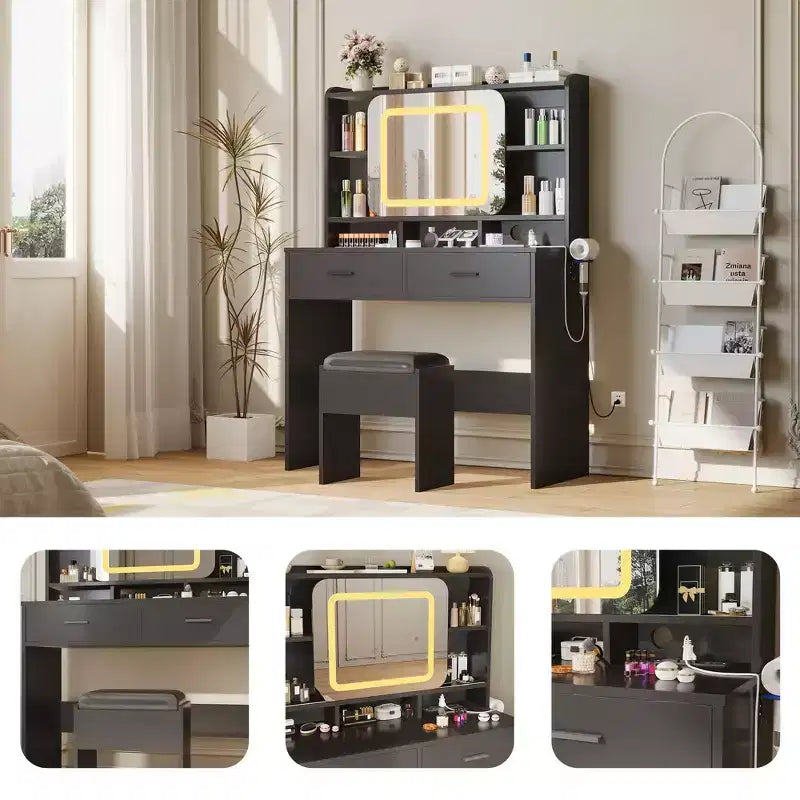 Toeletta Glam Vanity Set con Specchio Scorrevole e Sgabello, Scrivania Trucco con Specchio Dotata di Luci LED a 3 Colori