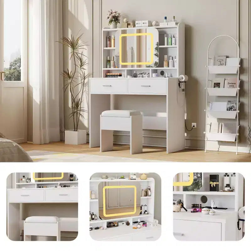 Toeletta Glam Vanity Set con Specchio Scorrevole e Sgabello, Scrivania Trucco con Specchio Dotata di Luci LED a 3 Colori