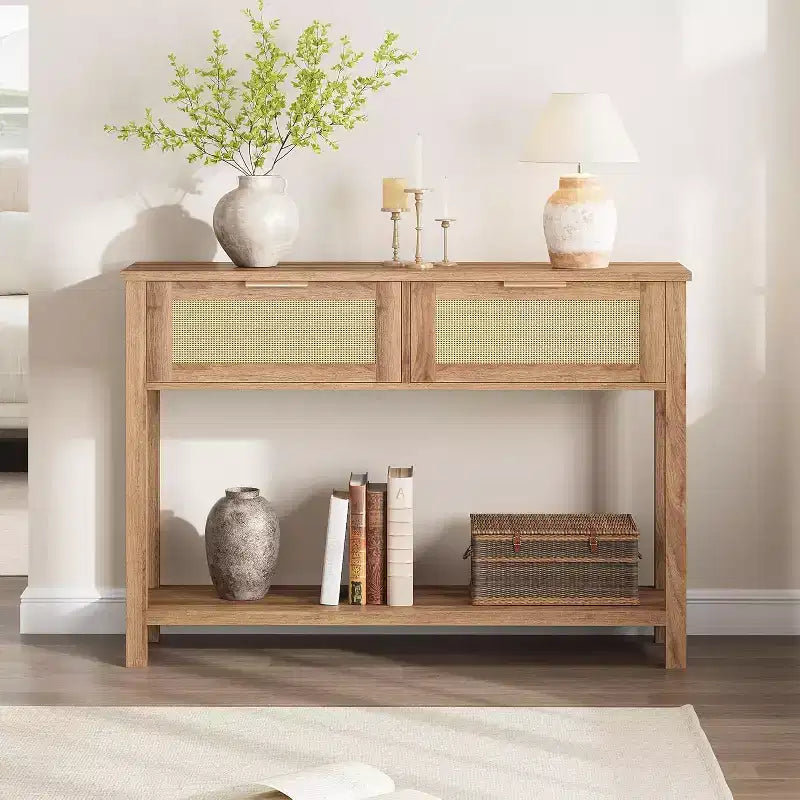 Consolle in rattan, consolle con cassetti, consolle con vano portaoggetti, consolle da ingresso