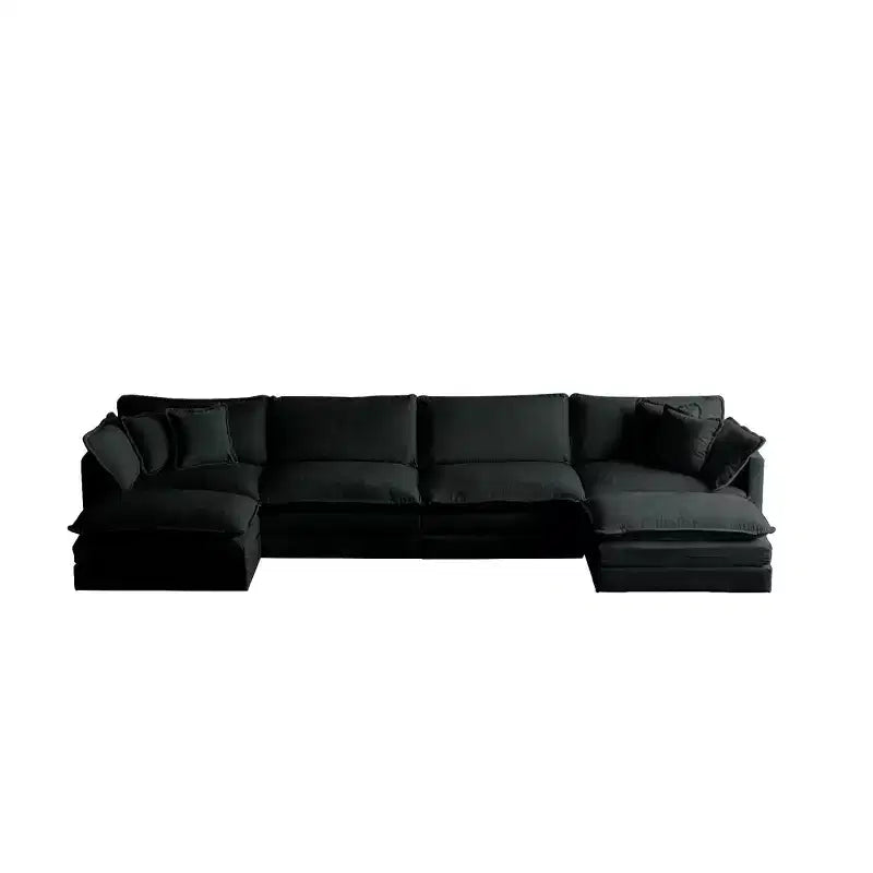 Divano componibile a U con chaise longue reversibile e due pouf extra in ciniglia verde