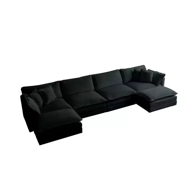 Divano componibile a U con chaise longue reversibile e due pouf extra in ciniglia verde
