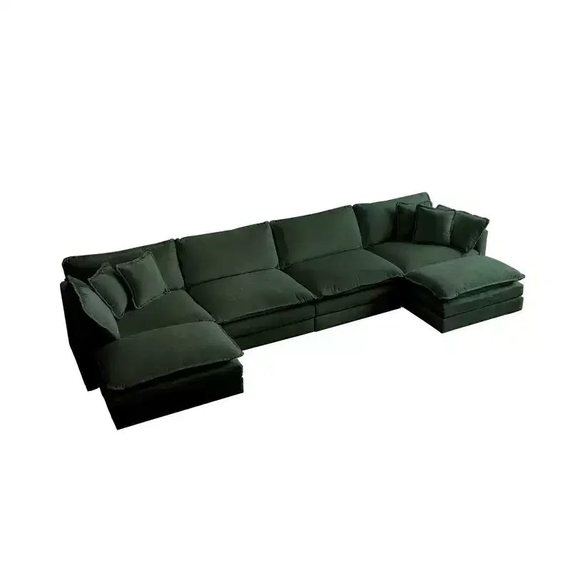 Divano componibile a U con chaise longue reversibile e due pouf extra in ciniglia verde