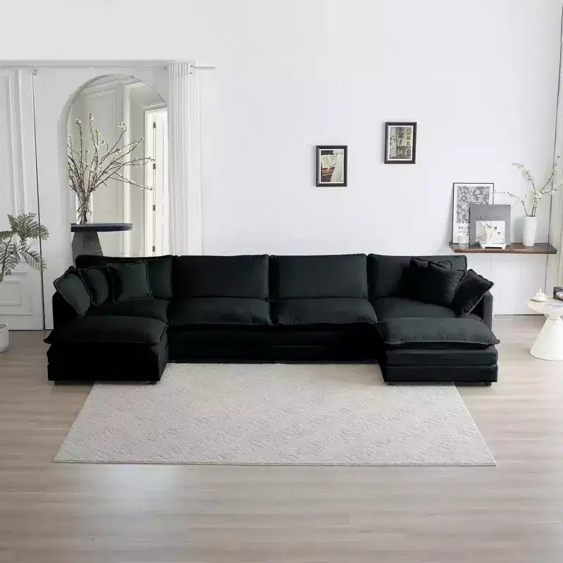 Divano componibile a U con chaise longue reversibile e due pouf extra in ciniglia verde