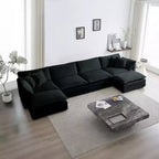 Divano componibile a U con chaise longue reversibile e due pouf extra in ciniglia verde