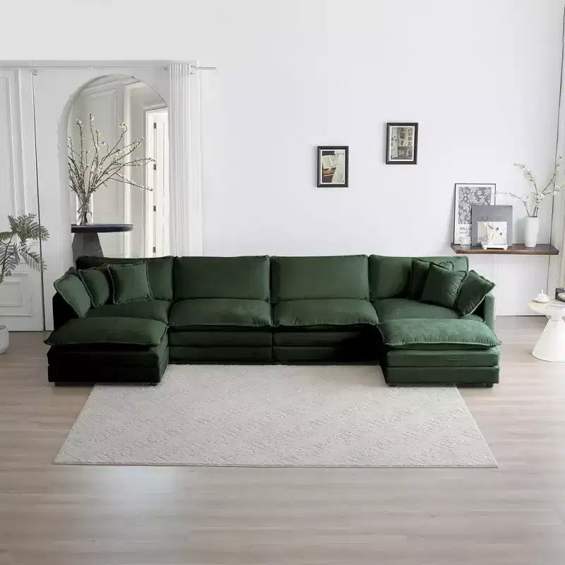 Reversible Chaise U-Shaped Sectional Sofa with Double Extra Ottomans in Green Chenille