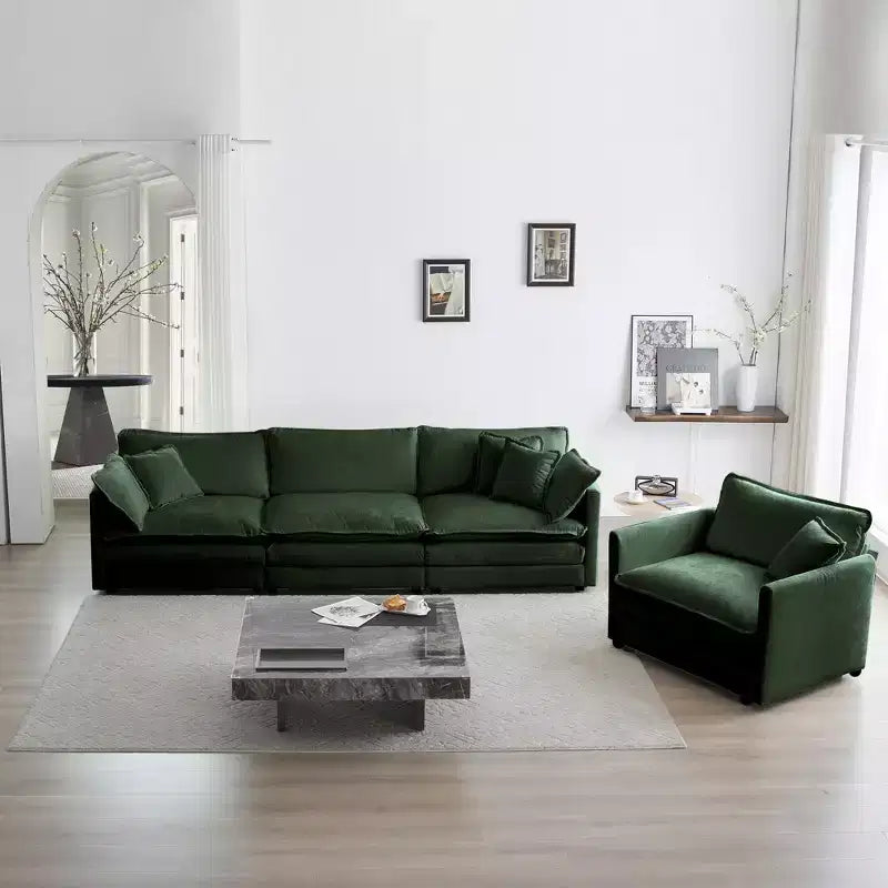 Set Divano 3 Pezzi Salotto Divano Poltrona Divanetto e Divano Tre Posti Ciniglia Verde