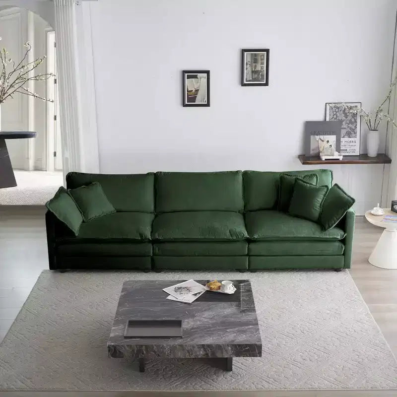 Divano sezionale modulare a L oversize con tappezzeria comoda a combinazione libera e pouf reversibile, in ciniglia beige