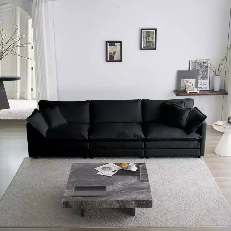 Divano sezionale modulare a L oversize con tappezzeria comoda a combinazione libera e pouf reversibile, in ciniglia beige