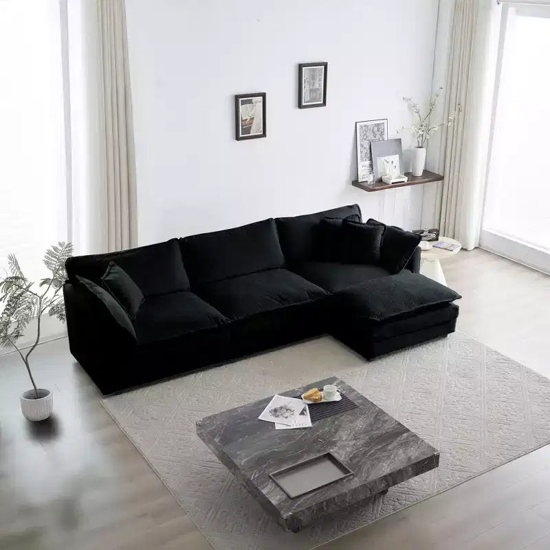Divano sezionale modulare a L oversize con tappezzeria comoda a combinazione libera e pouf reversibile, in ciniglia beige