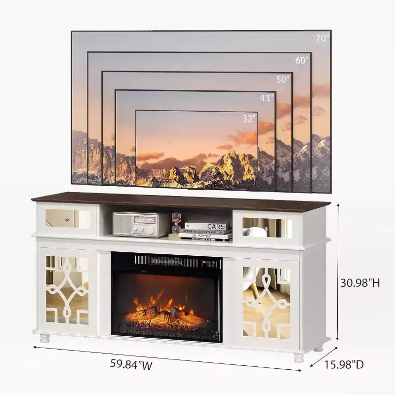 VINGLI Fireplace TV Stand with Sliding Mirrored Door for TVs up to 70, Entertainment Media Console with 23'' Electric Fireplace, White