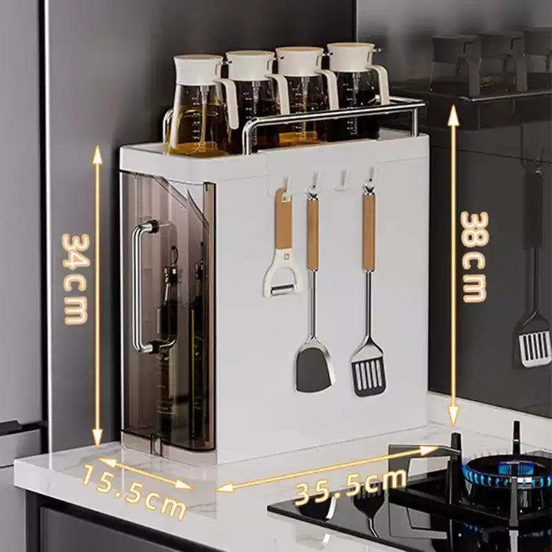 Organizzatore di spezie a 3 ripiani con ante, porta spezie, utensili e posate per armadietti da cucina, 4 ganci, design antipolvere