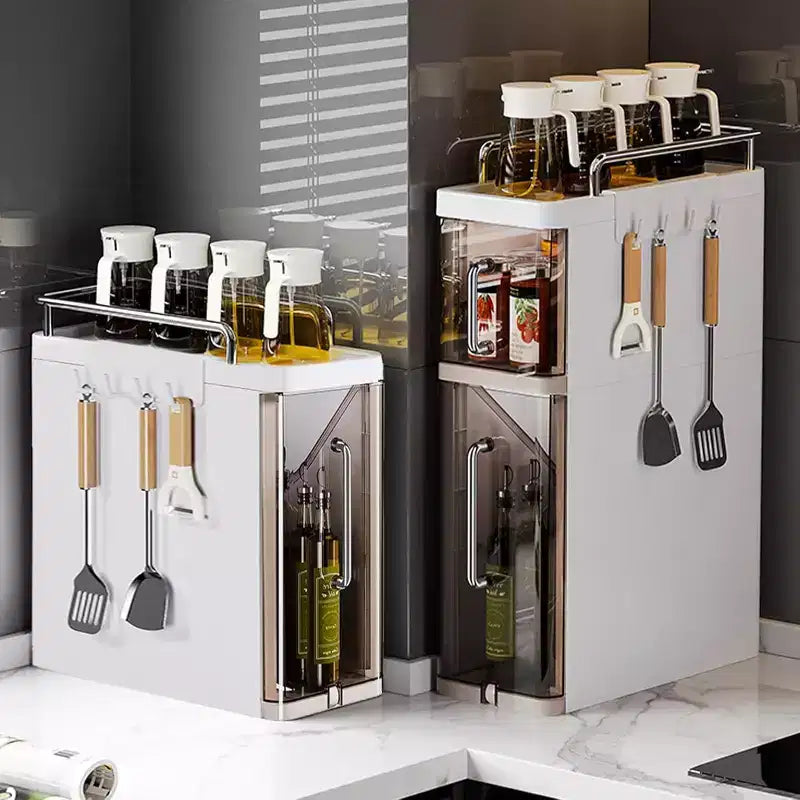 Organizzatore di spezie a 3 ripiani con ante, porta spezie, utensili e posate per armadietti da cucina, 4 ganci, design antipolvere