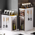 Organizzatore di spezie a 3 ripiani con ante, porta spezie, utensili e posate per armadietti da cucina, 4 ganci, design antipolvere